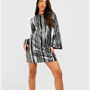 Boohoo Black and Silver Sequin Long Sleeve Dress